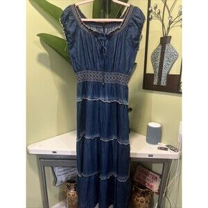 Indigo & Lace Blue Embroidered Tiered  Peasant Boho Long Dress Size M